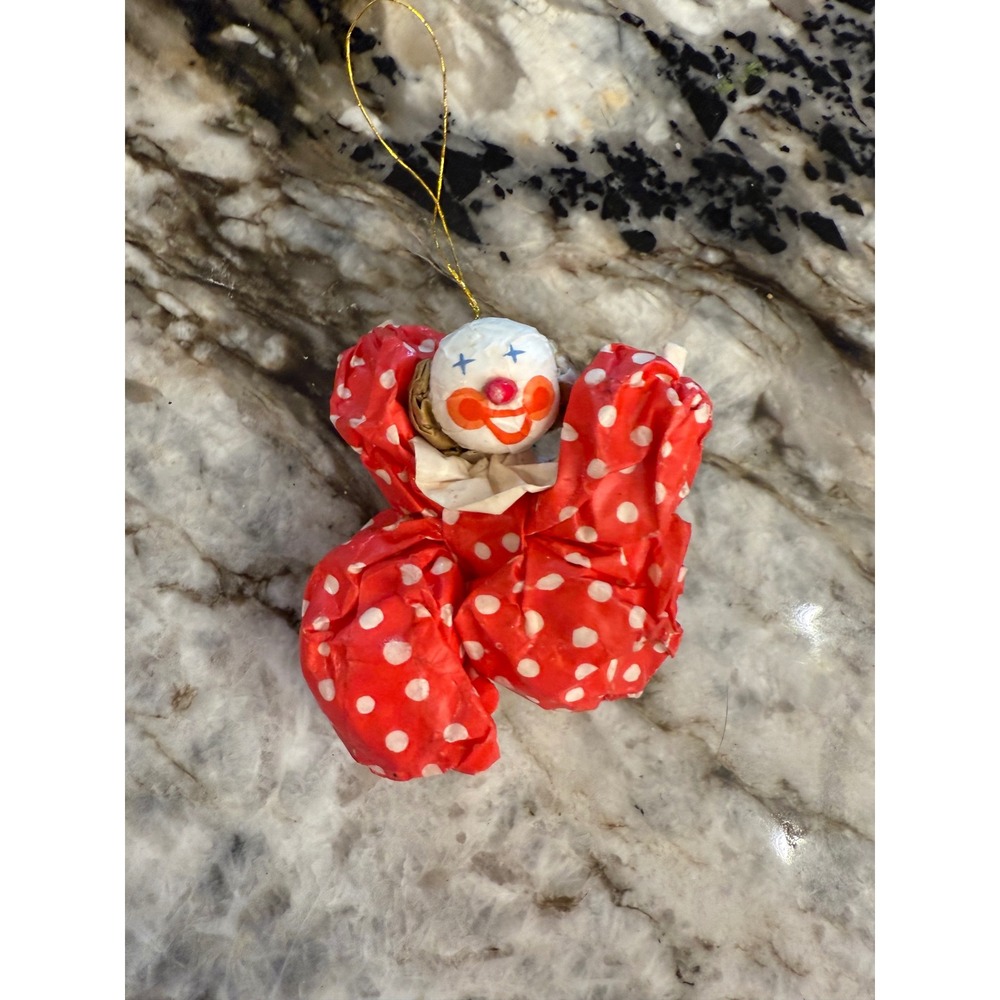 Vintage‎ Polka Dot Clown Ornament Red White Crepe Paper Mache Christmas Holiday
